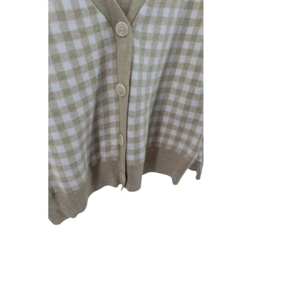 Sioni Womens Gingham Cardigan Beige‎ White V-Neck Button Sweater Preppy Knit